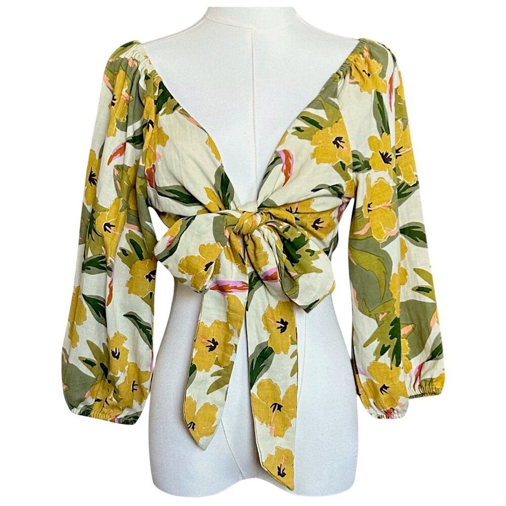 L*Space Penelope Ibiza Floral Tie Front Puff Sleeve Top M
